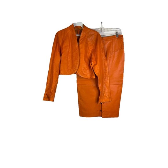 Vintage 80s Orange Leather Pencil Skirt Bolero Jacket Set Suit